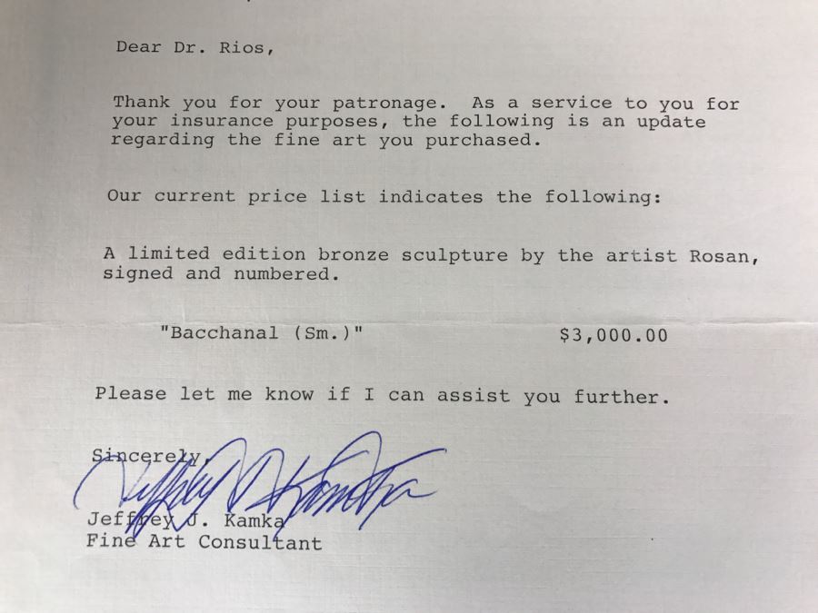 Limited Edition Bronze Sculpture Titled 'Bacchanal' By Rosan 1988 101 Of 300 13 3/4' Tall With COA Estimate $3,000 [Photo 24]