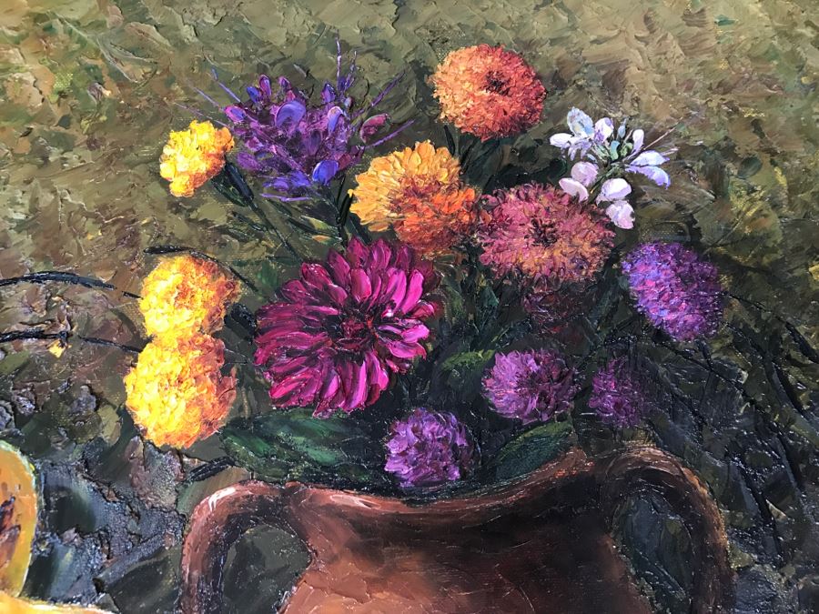 Original Oil Painting Still-Life With Vivid Colors By Robert Zazueta Showing Various Fruit, Wine, Grapes And Cheese 53' X 29' Estimate $500 [Photo 7]