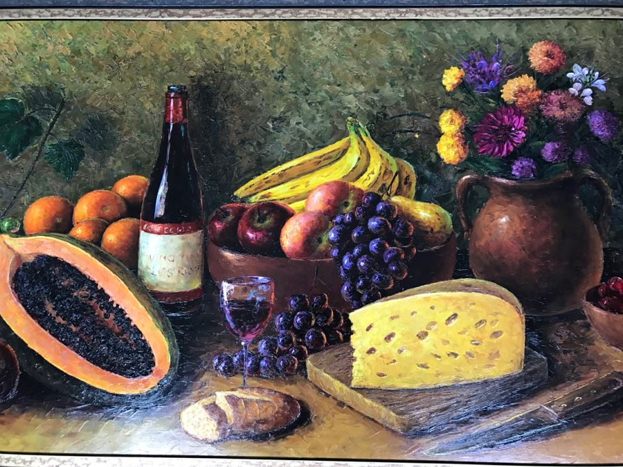 Original Oil Painting Still-Life With Vivid Colors By Robert Zazueta Showing Various Fruit, Wine, Grapes And Cheese 53' X 29' Estimate $500 [Photo 4]