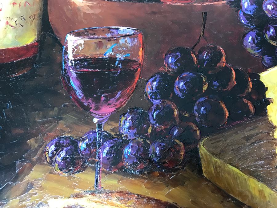 Original Oil Painting Still-Life With Vivid Colors By Robert Zazueta Showing Various Fruit, Wine, Grapes And Cheese 53' X 29' Estimate $500 [Photo 6]