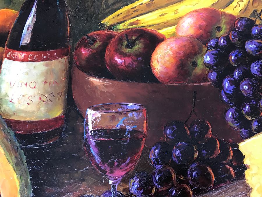 Original Oil Painting Still-Life With Vivid Colors By Robert Zazueta Showing Various Fruit, Wine, Grapes And Cheese 53' X 29' Estimate $500 [Photo 12]
