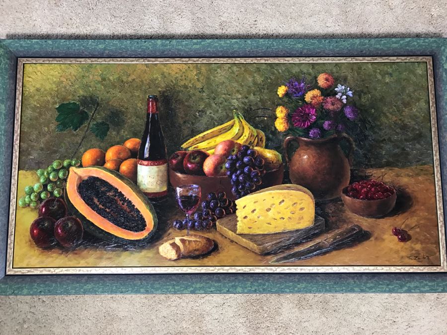 Original Oil Painting Still-Life With Vivid Colors By Robert Zazueta Showing Various Fruit, Wine, Grapes And Cheese 53' X 29' Estimate $500 [Photo 1]