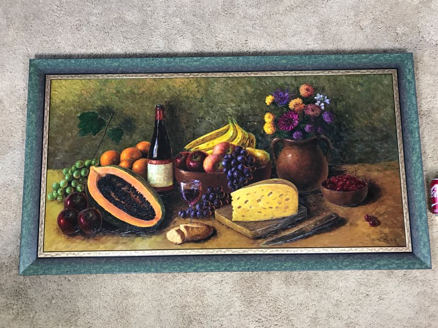 Original Oil Painting Still-Life With Vivid Colors By Robert Zazueta Showing Various Fruit, Wine, Grapes And Cheese 53' X 29' Estimate $500 [Photo 2]