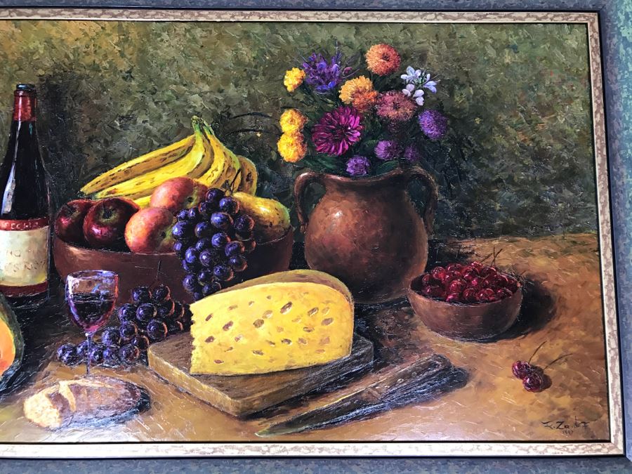 Original Oil Painting Still-Life With Vivid Colors By Robert Zazueta Showing Various Fruit, Wine, Grapes And Cheese 53' X 29' Estimate $500 [Photo 3]