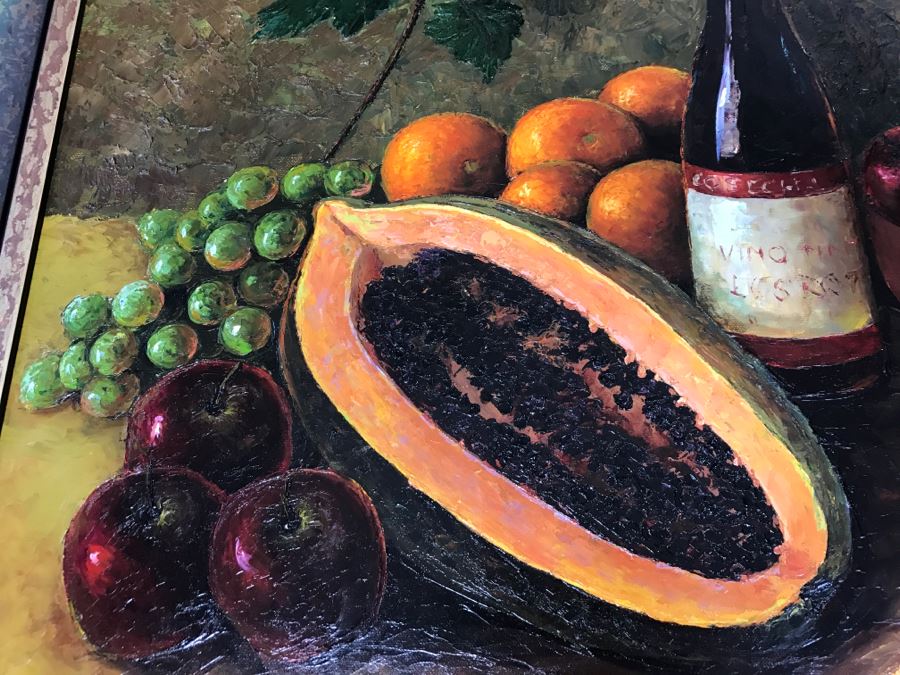 Original Oil Painting Still-Life With Vivid Colors By Robert Zazueta Showing Various Fruit, Wine, Grapes And Cheese 53' X 29' Estimate $500 [Photo 13]