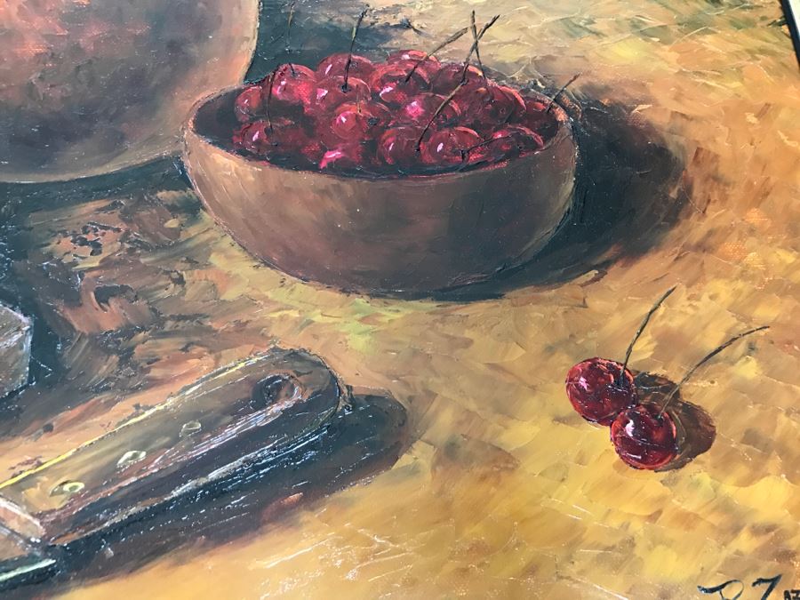 Original Oil Painting Still-Life With Vivid Colors By Robert Zazueta Showing Various Fruit, Wine, Grapes And Cheese 53' X 29' Estimate $500 [Photo 8]