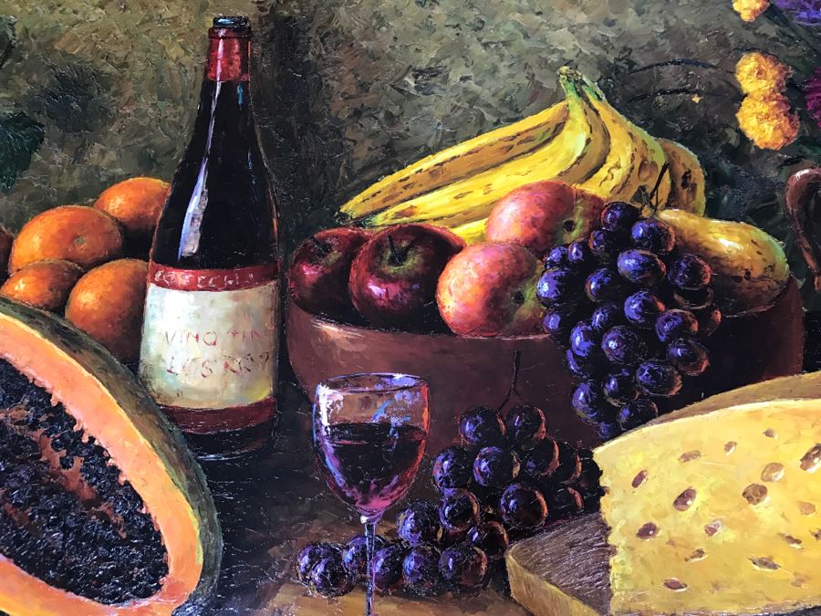 Original Oil Painting Still-Life With Vivid Colors By Robert Zazueta Showing Various Fruit, Wine, Grapes And Cheese 53' X 29' Estimate $500 [Photo 11]