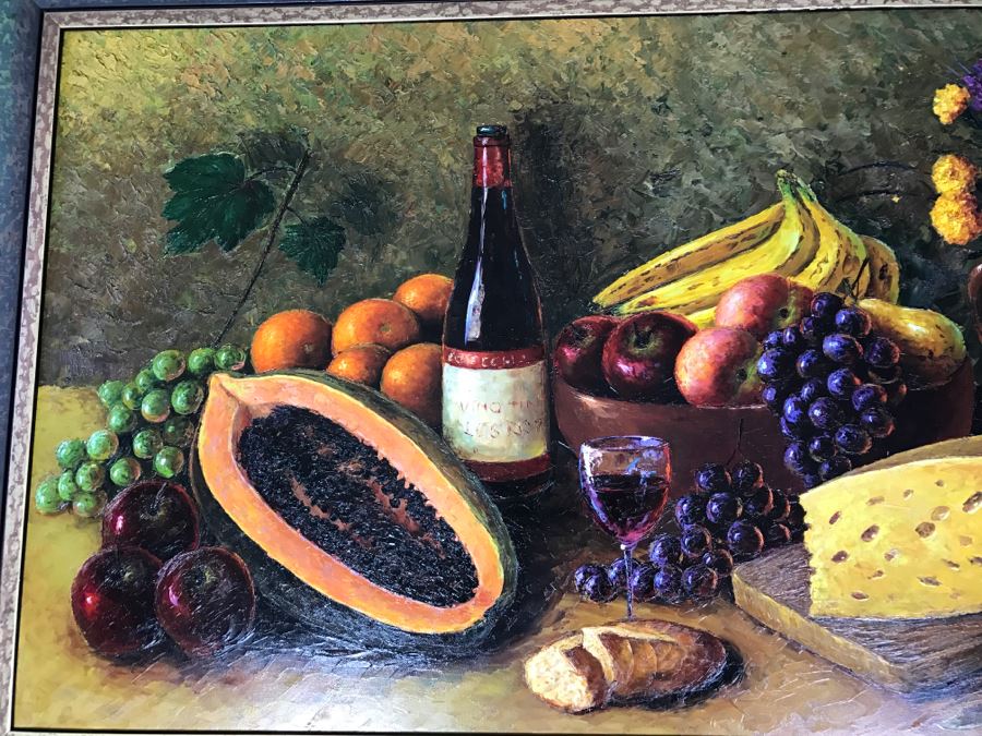 Original Oil Painting Still-Life With Vivid Colors By Robert Zazueta Showing Various Fruit, Wine, Grapes And Cheese 53' X 29' Estimate $500 [Photo 5]