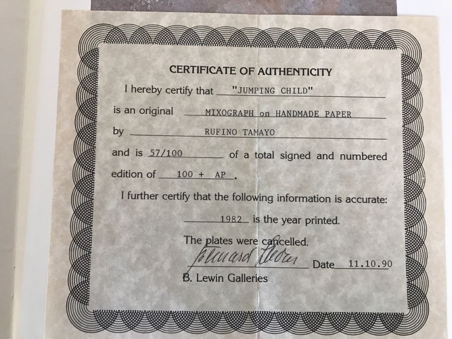 RARE Rufino Tamayo Mixograph On Handmade Paper Titled 'Jumping Child' Limited Edition 57 Of 100 1982 With COA 34' X 31' X 3' - Hand Signed Lower Right Estimate $16,500 - This Item Has A Reserve Price [Photo 27]