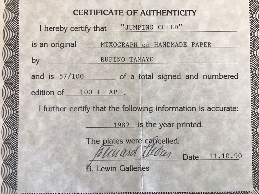 RARE Rufino Tamayo Mixograph On Handmade Paper Titled 'Jumping Child' Limited Edition 57 Of 100 1982 With COA 34' X 31' X 3' - Hand Signed Lower Right Estimate $16,500 - This Item Has A Reserve Price [Photo 28]