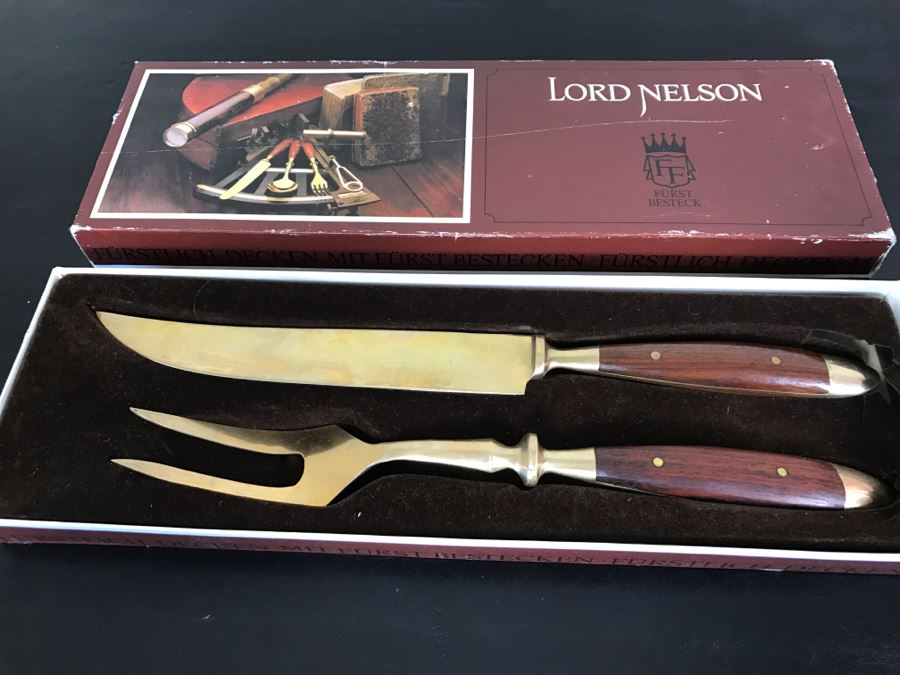 FF Furst Besteck German Carving Set Knife & Fork Lord Nelson Brass & Hardwood In Original Box Never Used