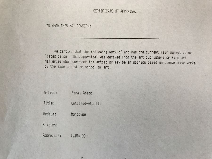 Amado Pena Monotype Signed Lower Middle Untitled-Eta #11 38' X 32' Estimate $1,500 [Photo 15]