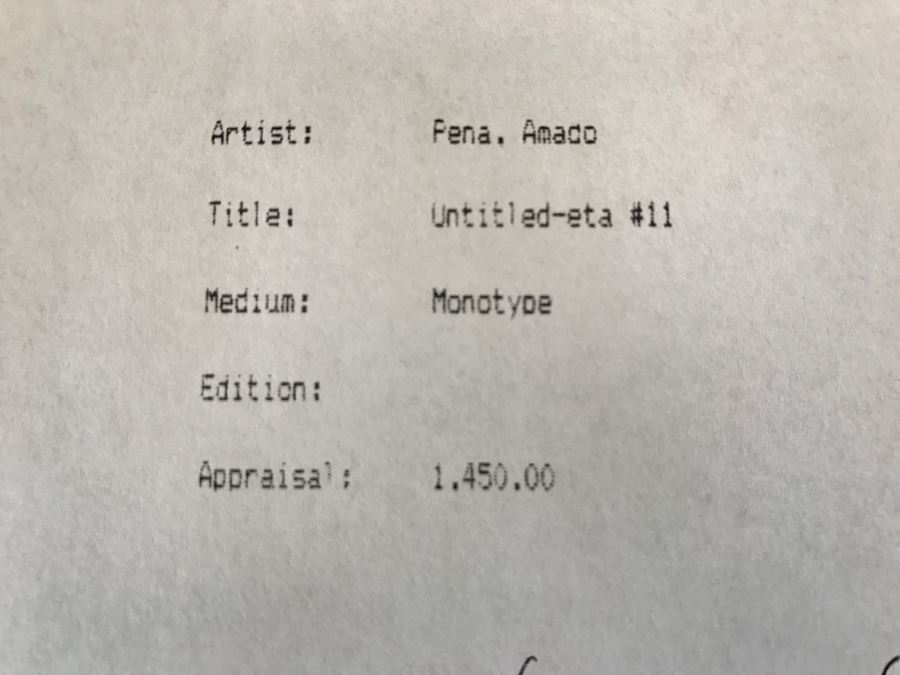 Amado Pena Monotype Signed Lower Middle Untitled-Eta #11 38' X 32' Estimate $1,500 [Photo 16]