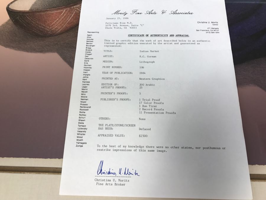 R.C. Gorman Limited Edition Lithograph Titled 'Indian Market' 1984 Signed 106 Of 200 26' X 35' With COA Estimate $4,700 [Photo 13]