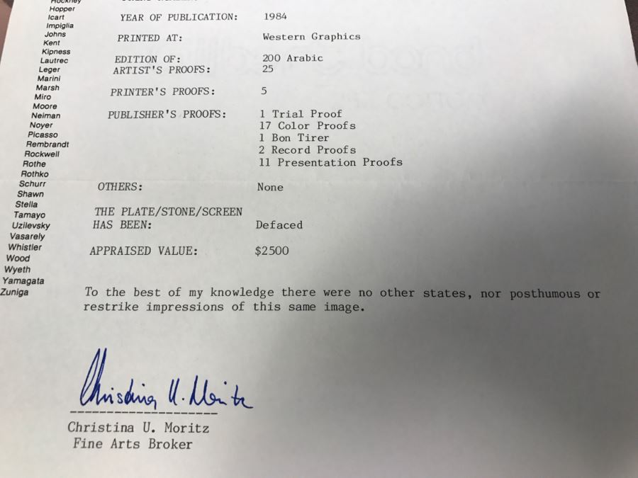 R.C. Gorman Limited Edition Lithograph Titled 'Indian Market' 1984 Signed 106 Of 200 26' X 35' With COA Estimate $4,700 [Photo 16]