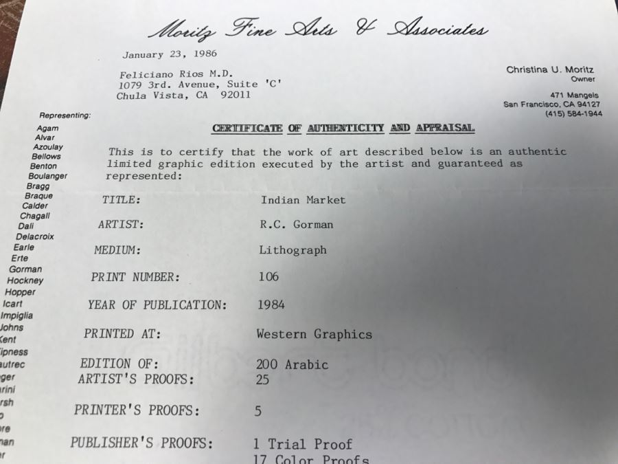 R.C. Gorman Limited Edition Lithograph Titled 'Indian Market' 1984 Signed 106 Of 200 26' X 35' With COA Estimate $4,700 [Photo 14]