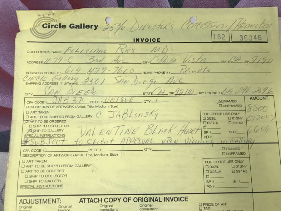 Carol Jablonsky Original Painting Titled 'Valentine Black Heart' 1991 48' X 23' Client Paid $8,800 [Photo 3]