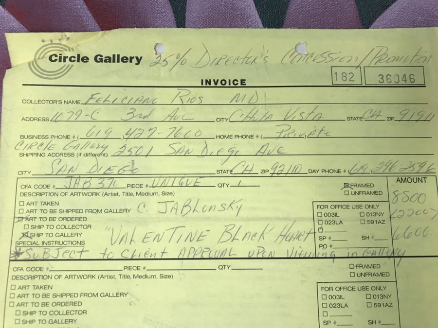 Carol Jablonsky Original Painting Titled 'Valentine Black Heart' 1991 48' X 23' Client Paid $8,800 [Photo 20]