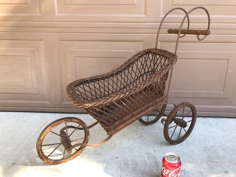 Antique Child's Stroller Made Of Wicker And Metal