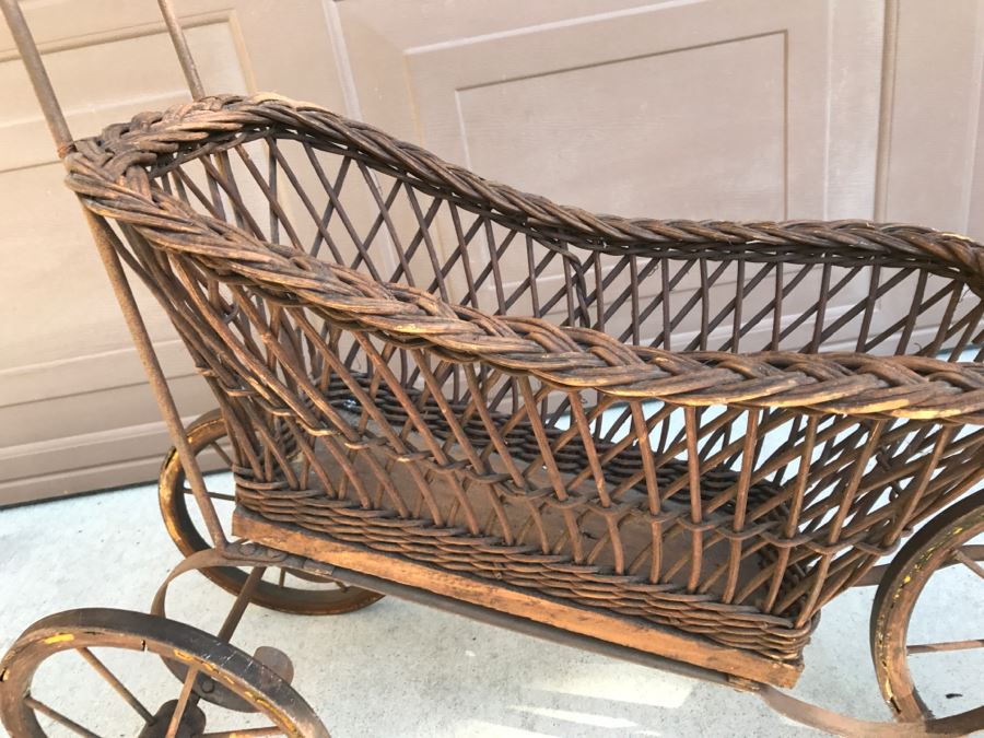 Antique Child's Stroller Made Of Wicker And Metal