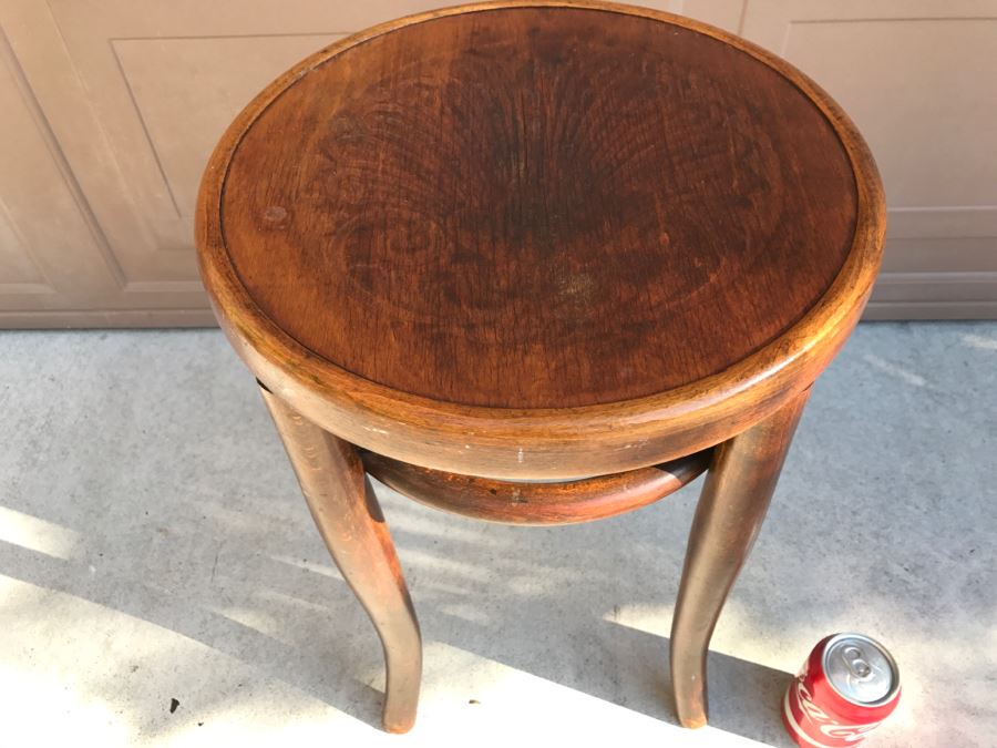 Antique Wooden Stool With Embossed Decorative Seat [Photo 3]
