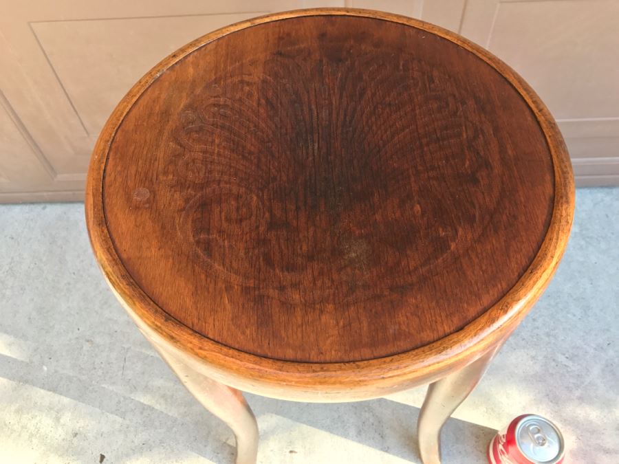 Antique Wooden Stool With Embossed Decorative Seat [Photo 4]