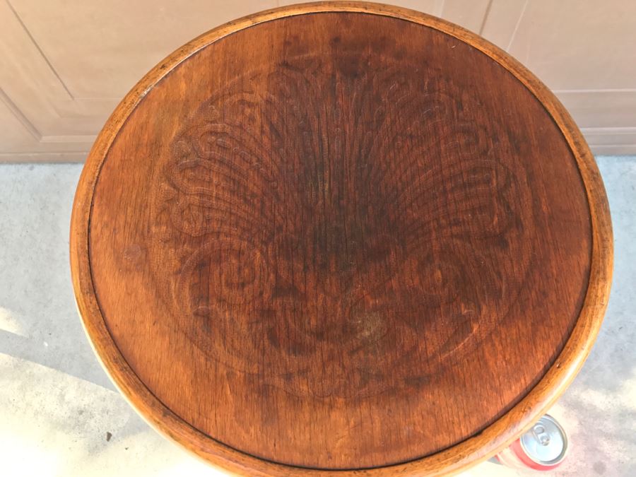 Antique Wooden Stool With Embossed Decorative Seat [Photo 2]