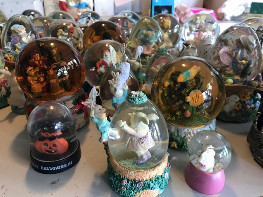 Huge Snow Globe Collection Mainly Holiday Themed Plus Decorations