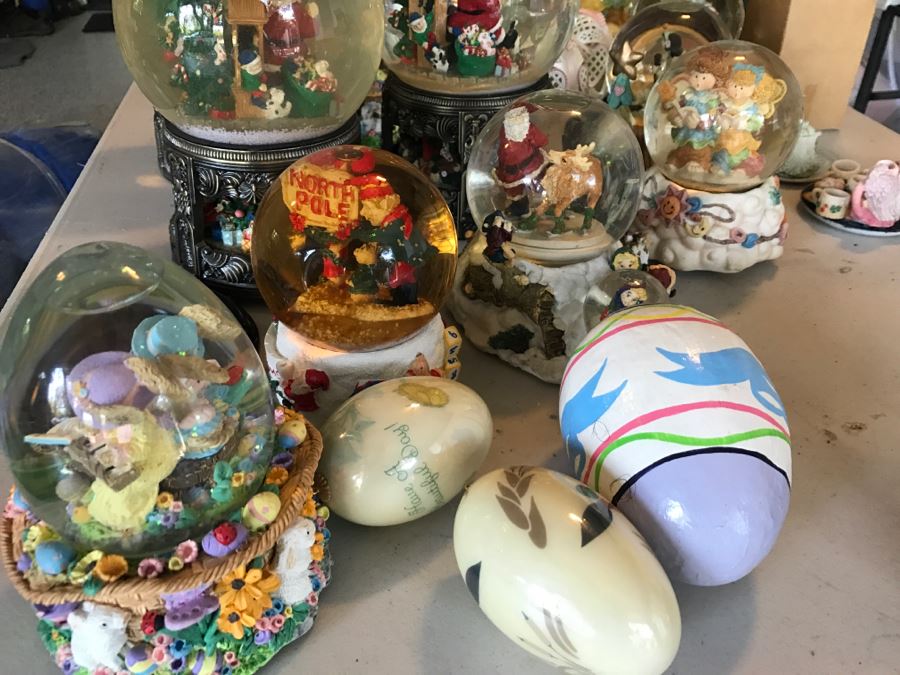 Huge Snow Globe Collection Mainly Holiday Themed Plus Decorations Featured On Table [Photo 6]