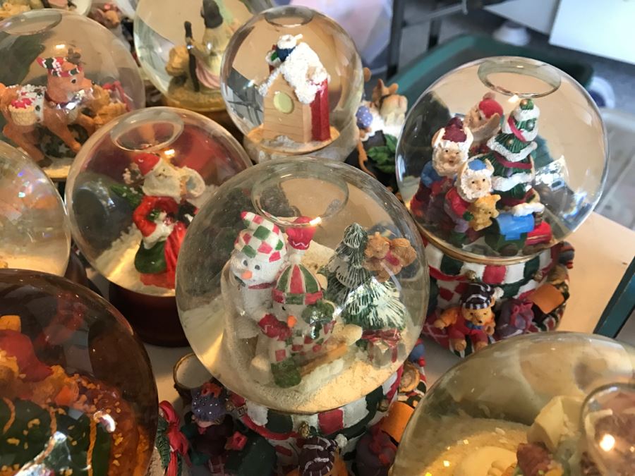 Huge Snow Globe Collection Mainly Holiday Themed Plus Decorations Featured On Table [Photo 15]