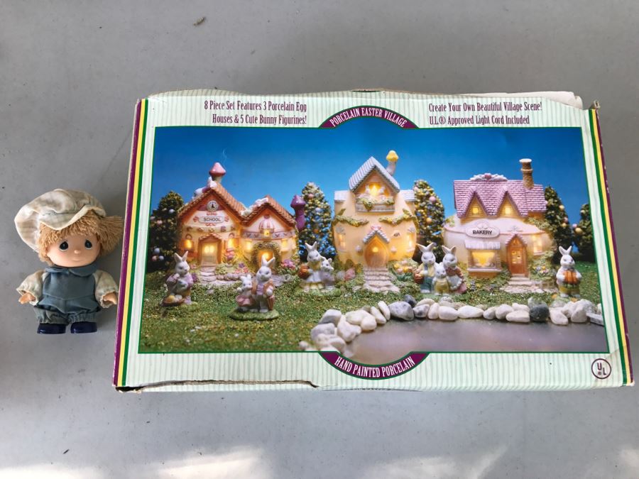 Porcelain Easter Village Set Plus Precious Moments Doll