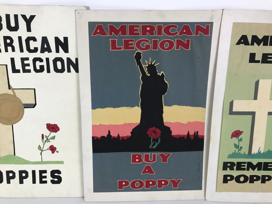Set Of (3) Vintage Hand Crafted Buy American Legion Poppies Posters [Photo 2]