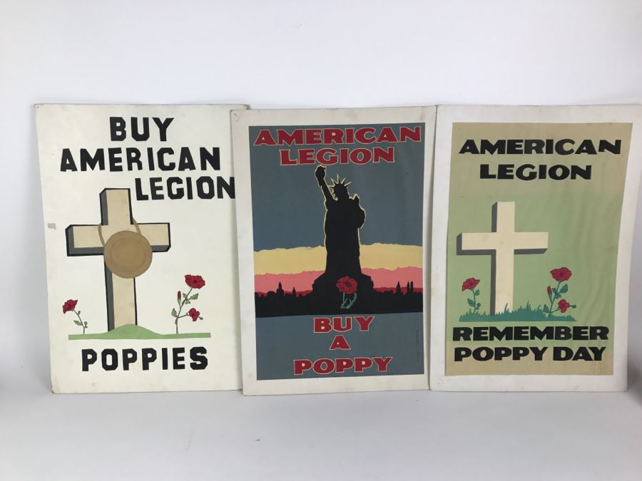 Set Of (3) Vintage Hand Crafted Buy American Legion Poppies Posters