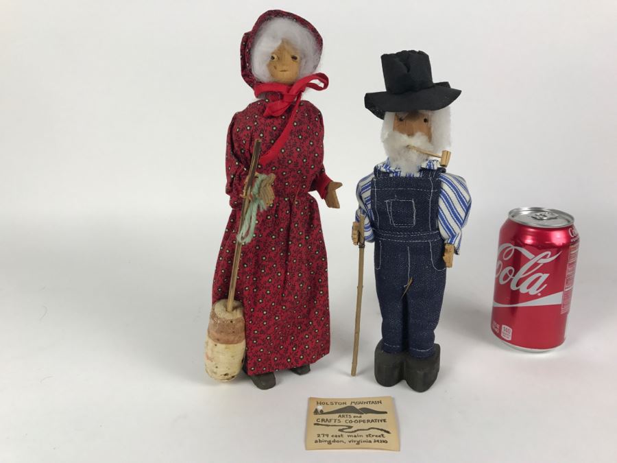 Pair of Holston Mountain Arts And Crafts Co-Operative Dolls Virginia Wooden Dolls By Lala Farmer
