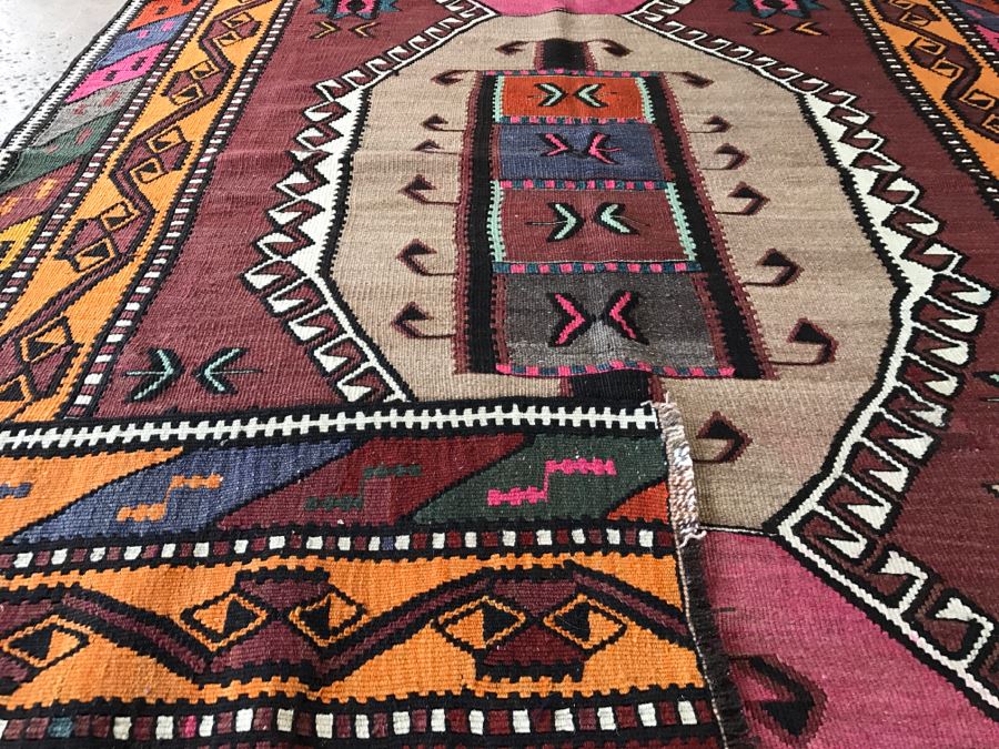 Vintage Turkish Kilim Wool Rug With Vivid Colors 4'9' X 7'9' - Great Designer Rug [Photo 12]