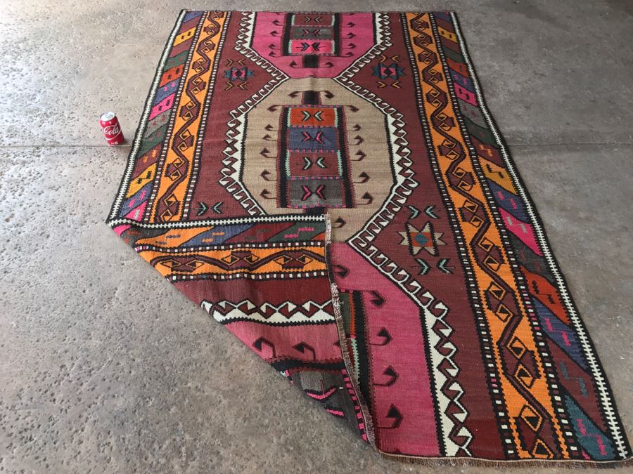 Vintage Turkish Kilim Wool Rug With Vivid Colors 4'9' X 7'9' - Great Designer Rug [Photo 11]