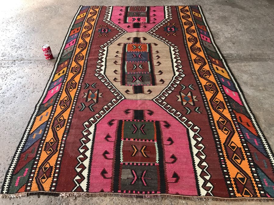 Vintage Turkish Kilim Wool Rug With Vivid Colors 4'9' X 7'9' - Great Designer Rug [Photo 2]