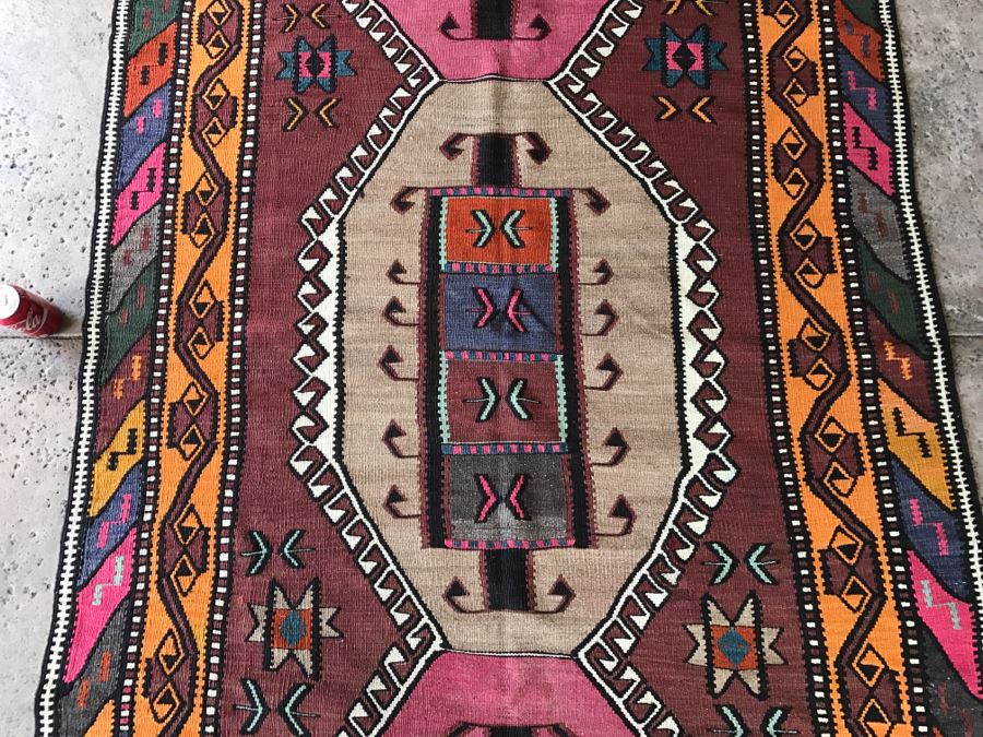 Vintage Turkish Kilim Wool Rug With Vivid Colors 4'9' X 7'9' - Great Designer Rug [Photo 6]