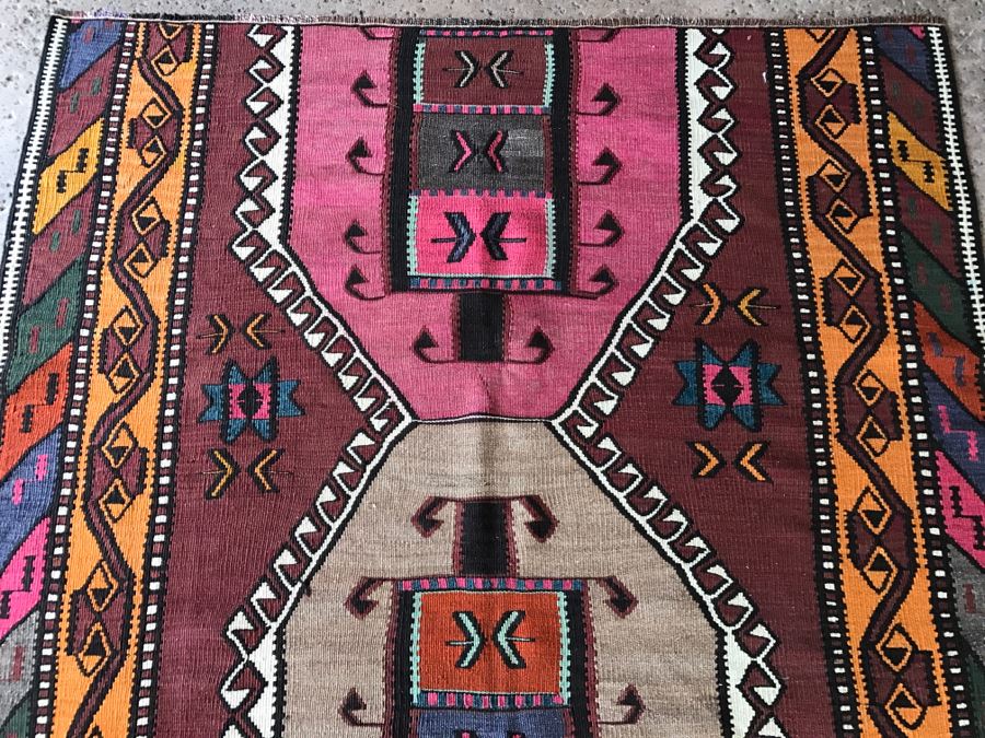 Vintage Turkish Kilim Wool Rug With Vivid Colors 4'9' X 7'9' - Great Designer Rug [Photo 7]