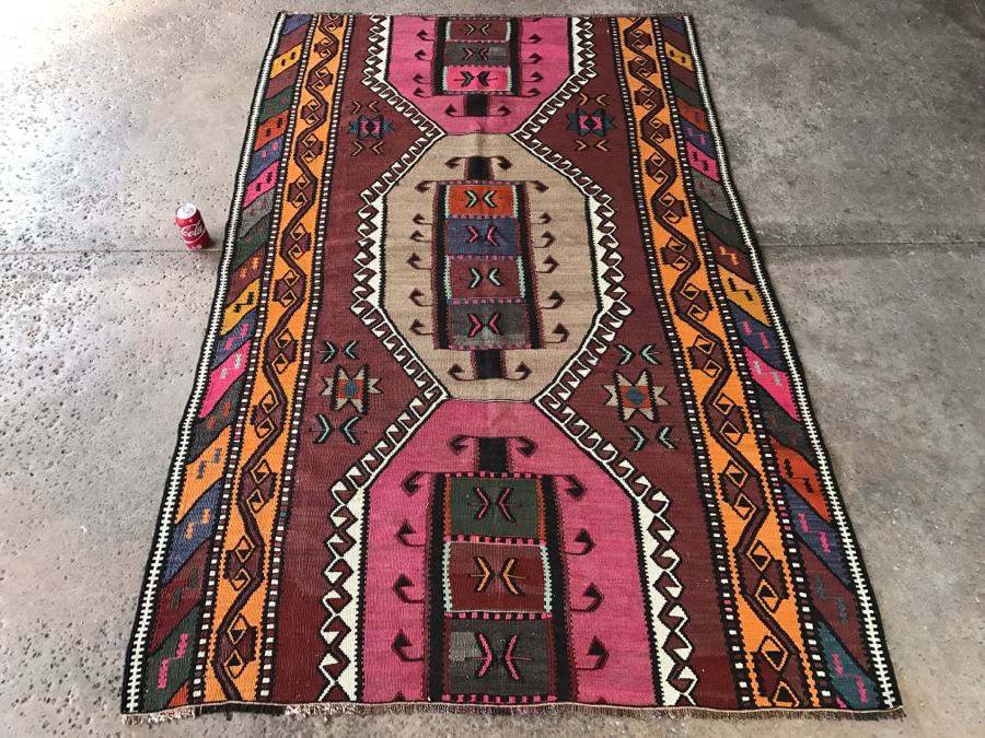 Vintage Turkish Kilim Wool Rug With Vivid Colors 4'9' X 7'9' - Great Designer Rug [Photo 3]