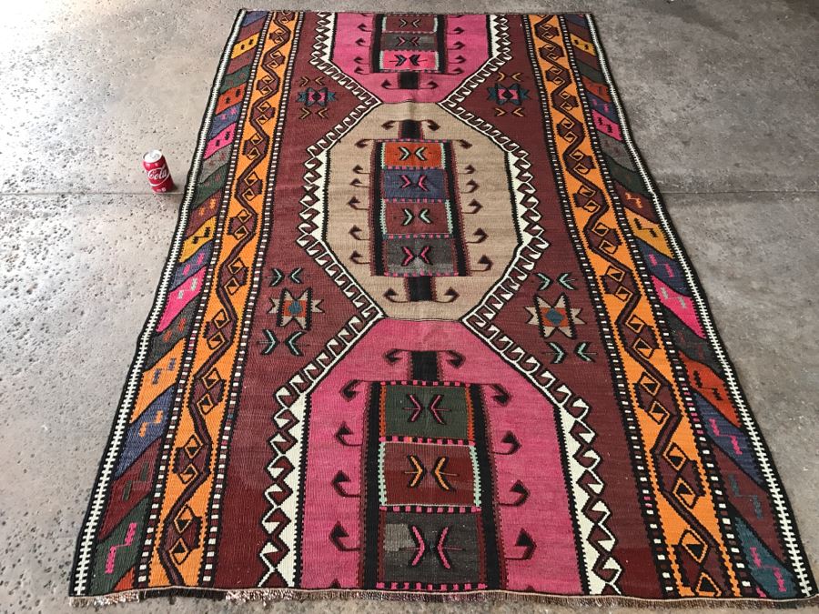 Vintage Turkish Kilim Wool Rug With Vivid Colors 4'9' X 7'9' - Great Designer Rug [Photo 9]