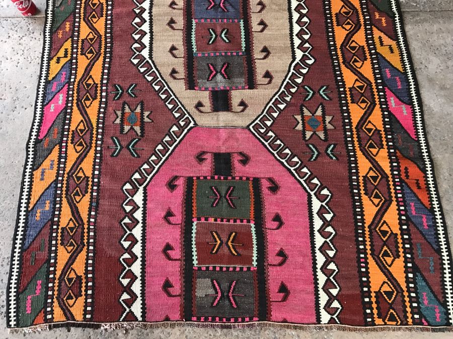 Vintage Turkish Kilim Wool Rug With Vivid Colors 4'9' X 7'9' - Great Designer Rug [Photo 4]