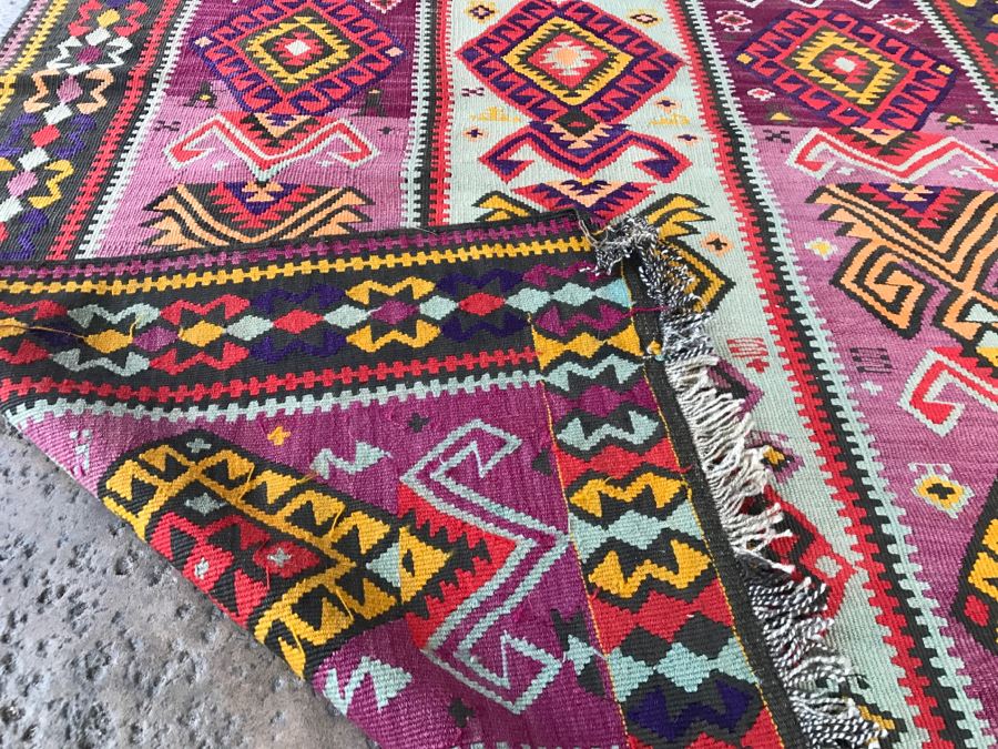 Vintage Turkish Kilim Wool Rug With Vivid Colors 4'9' X 12'5' - Great Designer Rug [Photo 15]