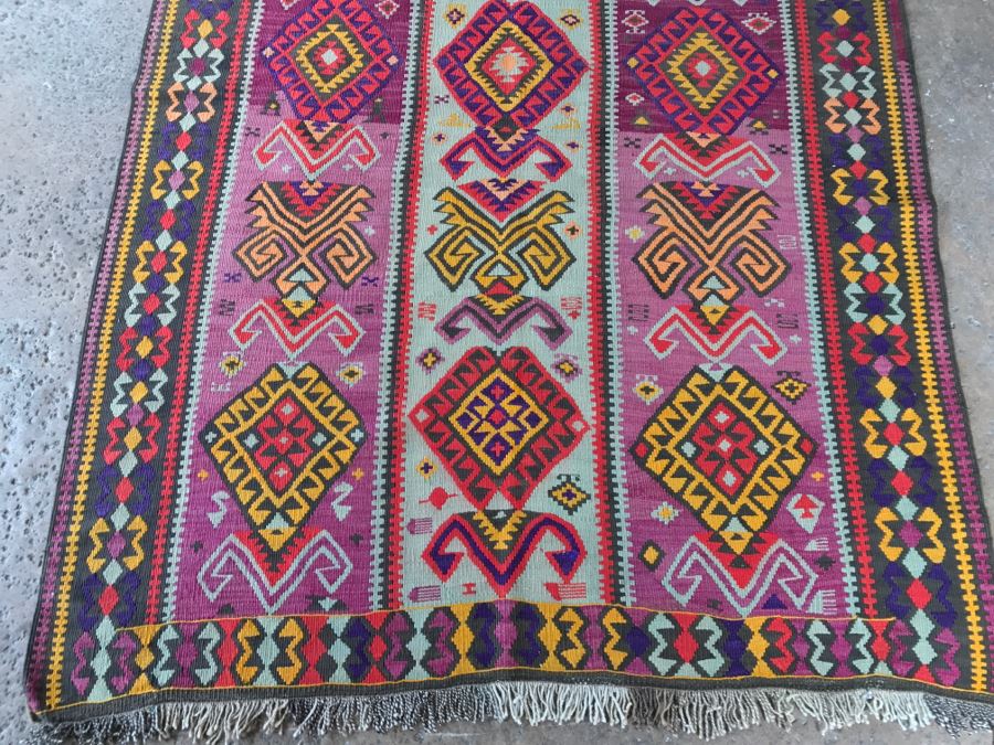 Vintage Turkish Kilim Wool Rug With Vivid Colors 4'9' X 12'5' - Great Designer Rug [Photo 5]