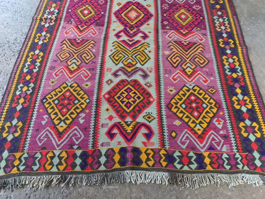 Vintage Turkish Kilim Wool Rug With Vivid Colors 4'9' X 12'5' - Great Designer Rug [Photo 4]