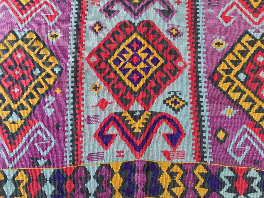 Vintage Turkish Kilim Wool Rug With Vivid Colors 4'9' X 12'5' - Great Designer Rug [Photo 6]
