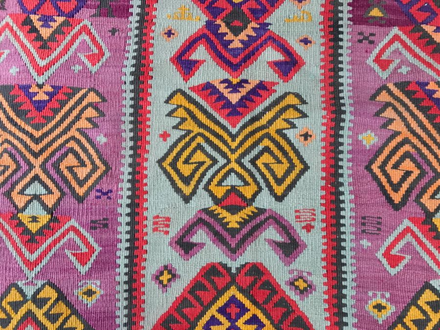 Vintage Turkish Kilim Wool Rug With Vivid Colors 4'9' X 12'5' - Great Designer Rug [Photo 10]