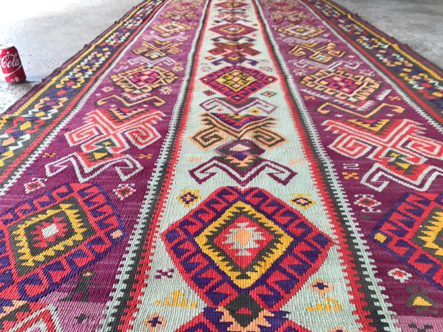 Vintage Turkish Kilim Wool Rug With Vivid Colors 4'9' X 12'5' - Great Designer Rug [Photo 12]