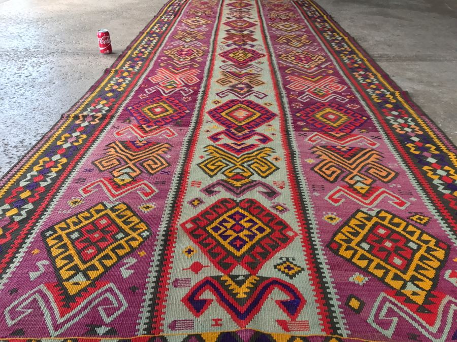 Vintage Turkish Kilim Wool Rug With Vivid Colors 4'9' X 12'5' - Great Designer Rug [Photo 3]