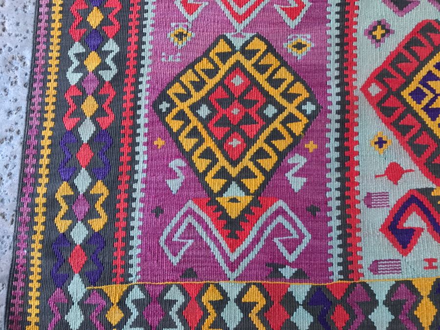 Vintage Turkish Kilim Wool Rug With Vivid Colors 4'9' X 12'5' - Great Designer Rug [Photo 7]